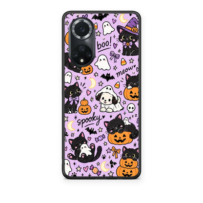 Θήκη Huawei Nova 9 / Honor 50 Halloween Black Cats on Lilac από τη Smartfits με σχέδιο στο πίσω μέρος και μαύρο περίβλημα | Huawei Nova 9 / Honor 50 Halloween Black Cats on Lilac case with colorful back and black bezels
