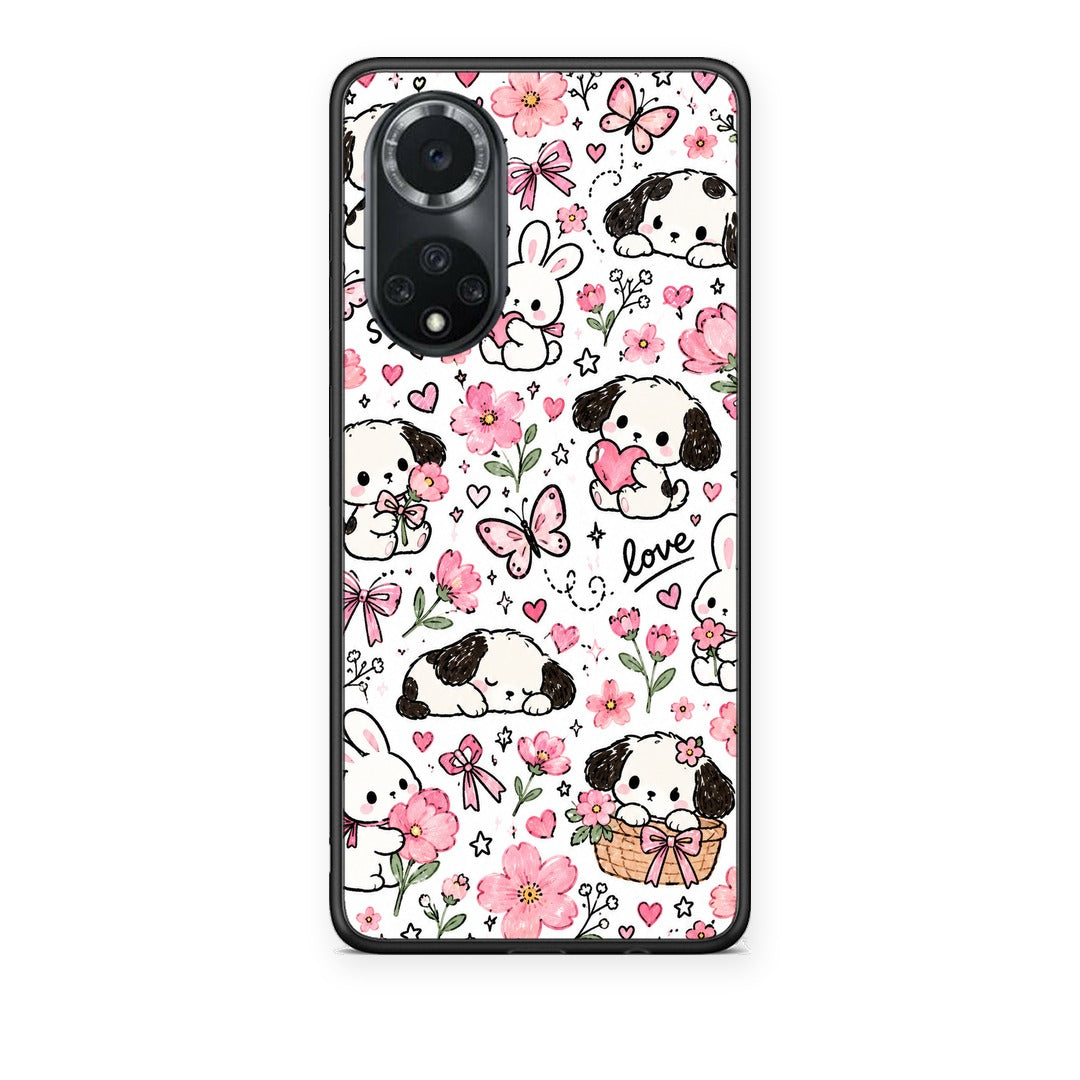 Θήκη Huawei Nova 9 / Honor 50 Pink Florals Puppies and Bunnies on White από τη Smartfits με σχέδιο στο πίσω μέρος και μαύρο περίβλημα | Huawei Nova 9 / Honor 50 Pink Florals Puppies and Bunnies on White case with colorful back and black bezels