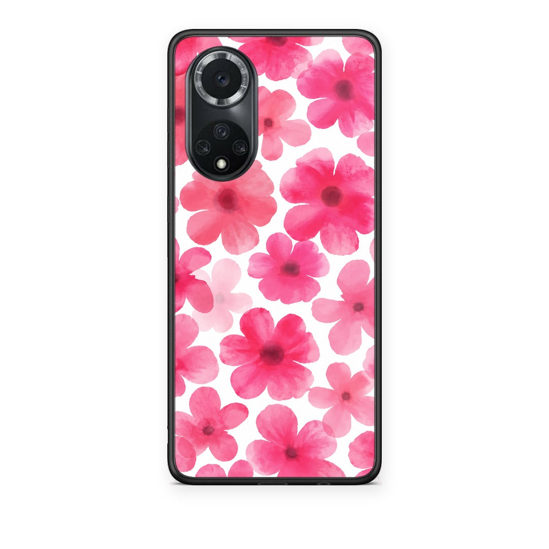 Θήκη Huawei Nova 9 / Honor 50 Pink Watercolour Flowers on White από τη Smartfits με σχέδιο στο πίσω μέρος και μαύρο περίβλημα | Huawei Nova 9 / Honor 50 Pink Watercolour Flowers on White case with colorful back and black bezels