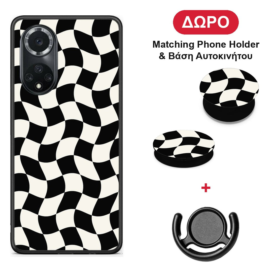 Black and Cream Wavy Checkerboard - Huawei Nova 9 / Honor 50 θήκη + Δώρο Phone Holder & Βάση Αυτοκινήτου