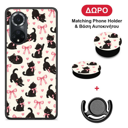 Black Kittens and Pink Bows on Cream Small - Huawei Nova 9 / Honor 50 θήκη + Δώρο Phone Holder & Βάση Αυτοκινήτου