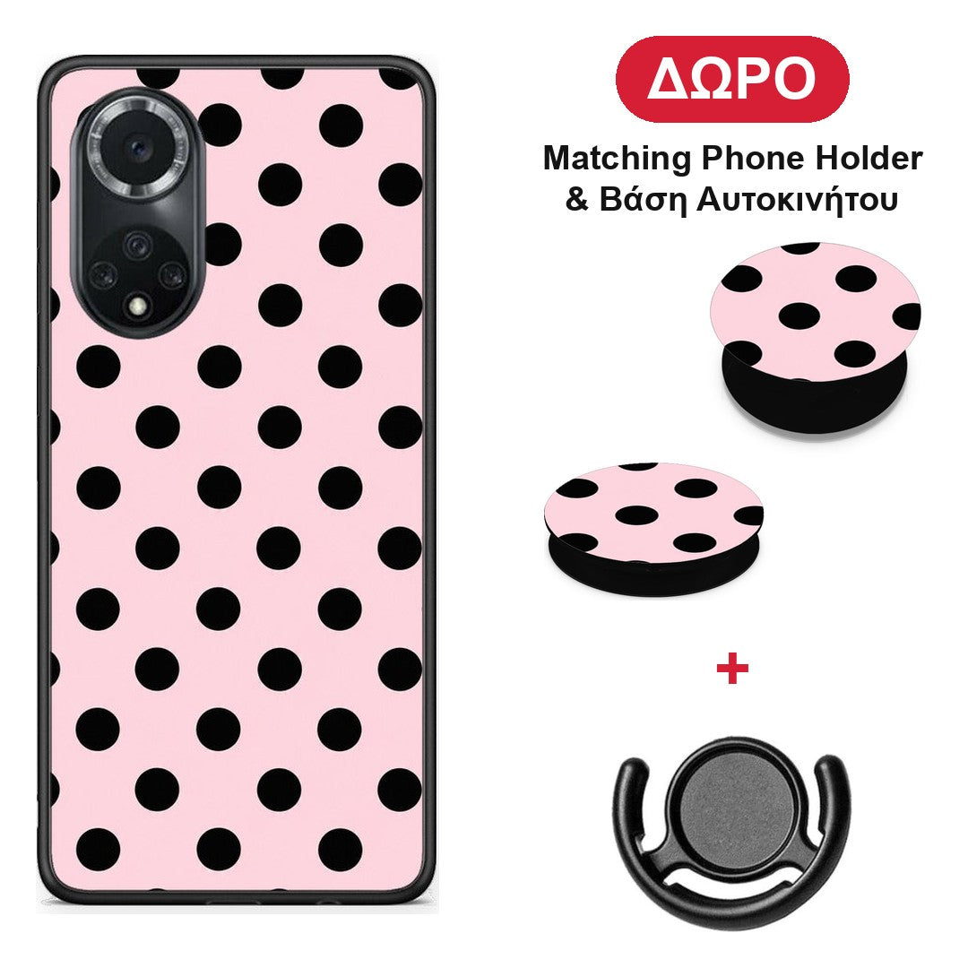 Black Polka Dots on Pink - Huawei Nova 9 / Honor 50 θήκη + Δώρο Phone Holder & Βάση Αυτοκινήτου