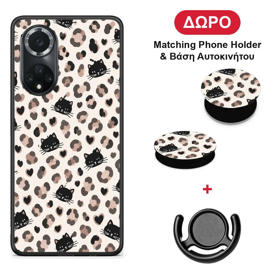 Leopard Spots and Black Cats on Cream - Huawei Nova 9 / Honor 50 θήκη + Δώρο Phone Holder & Βάση Αυτοκινήτου