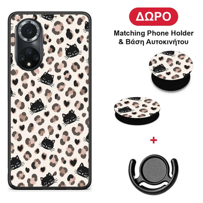 Leopard Spots and Black Cats on Cream - Huawei Nova 9 / Honor 50 θήκη + Δώρο Phone Holder & Βάση Αυτοκινήτου