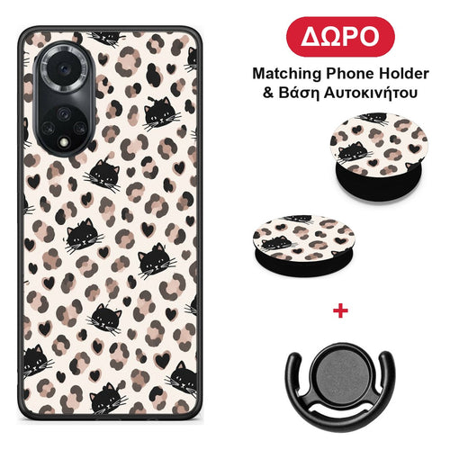 Leopard Spots and Black Cats on Cream - Huawei Nova 9 / Honor 50 θήκη + Δώρο Phone Holder & Βάση Αυτοκινήτου