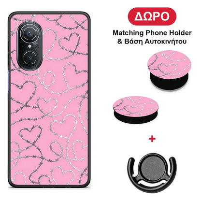 Barbed Wire Hearts on Pink - Huawei Nova 9 SE θήκη + Δώρο Phone Holder & Βάση Αυτοκινήτου