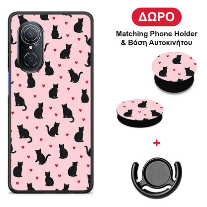 Black Cat Silhouettes and Hearts on Pink - Huawei Nova 9 SE θήκη + Δώρο Phone Holder & Βάση Αυτοκινήτου
