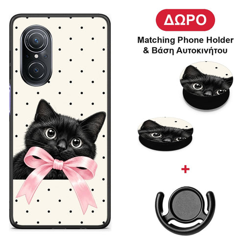 Black Kitten Pink Bow and Polka Dots - Huawei Nova 9 SE θήκη + Δώρο Phone Holder & Βάση Αυτοκινήτου