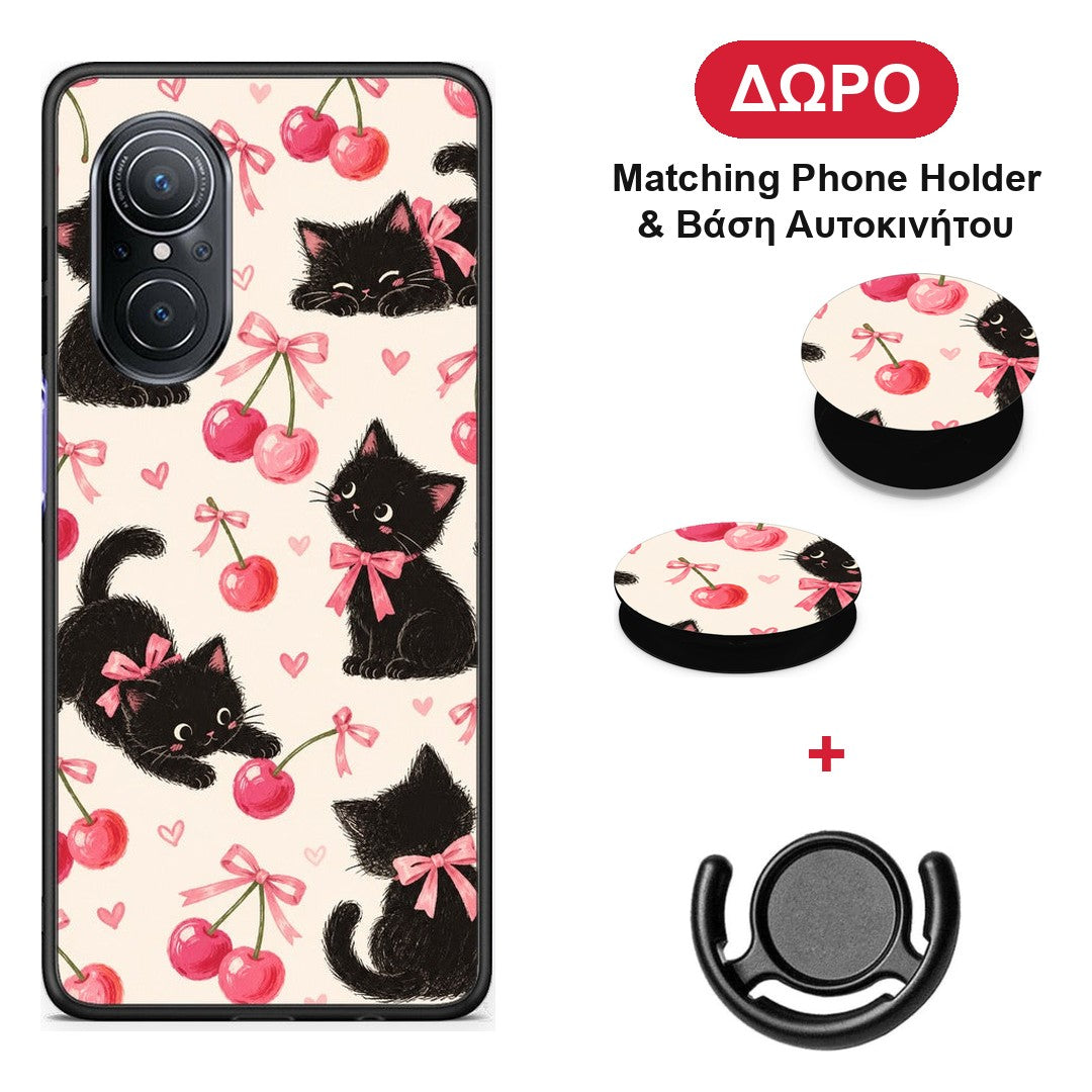 Black Kittens and Cherries on Cream - Huawei Nova 9 SE θήκη + Δώρο Phone Holder & Βάση Αυτοκινήτου