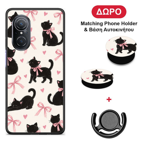 Black Kittens and Pink Bows on Cream Large - Huawei Nova 9 SE θήκη + Δώρο Phone Holder & Βάση Αυτοκινήτου