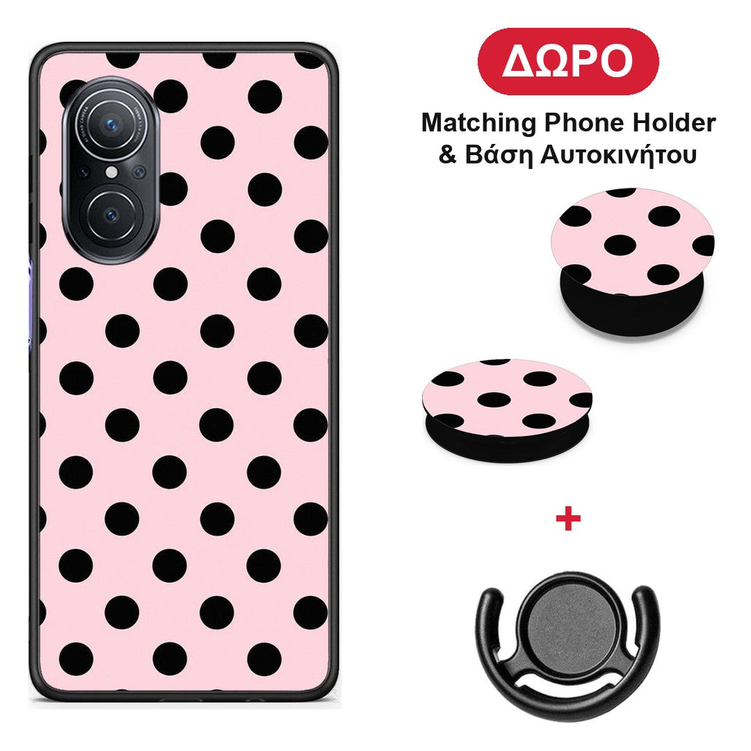 Black Polka Dots on Pink - Huawei Nova 9 SE θήκη + Δώρο Phone Holder & Βάση Αυτοκινήτου
