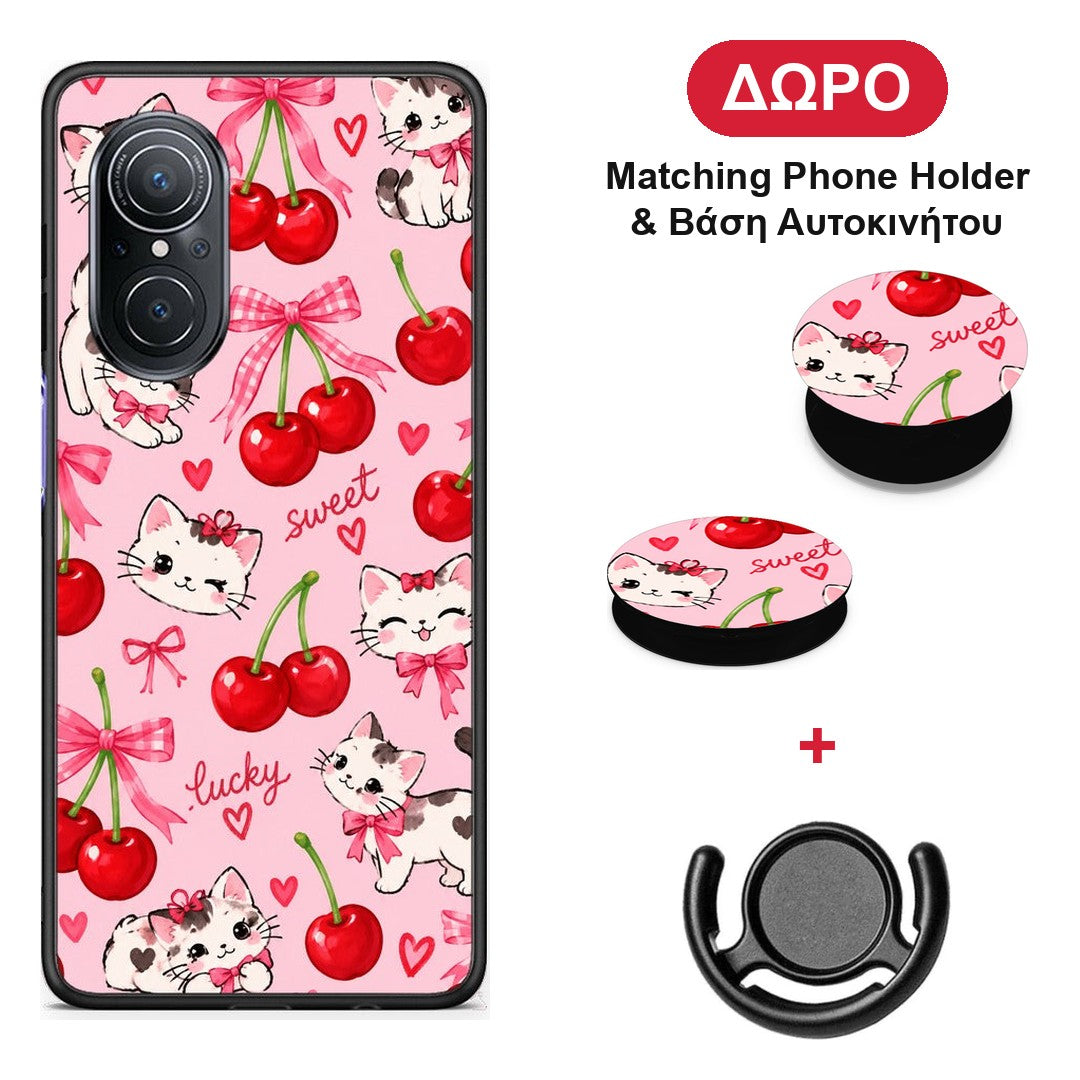 Cherries Bows and Kittens on Pink - Huawei Nova 9 SE θήκη + Δώρο Phone Holder & Βάση Αυτοκινήτου