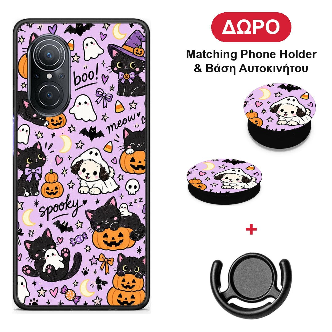 Halloween Black Cats on Lilac - Huawei Nova 9 SE θήκη + Δώρο Phone Holder & Βάση Αυτοκινήτου