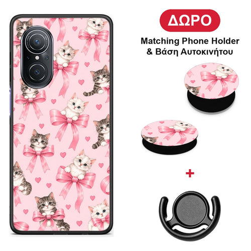 Kittens and Pink Bows on Pink - Huawei Nova 9 SE θήκη + Δώρο Phone Holder & Βάση Αυτοκινήτου