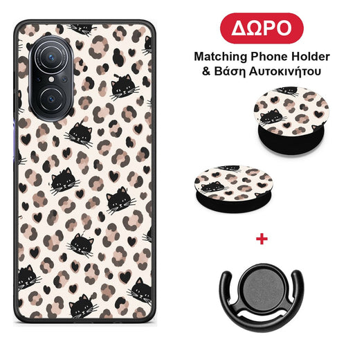 Leopard Spots and Black Cats on Cream - Huawei Nova 9 SE θήκη + Δώρο Phone Holder & Βάση Αυτοκινήτου