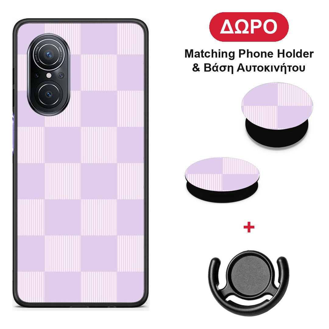 Lilac and Cream Striped Checks - Huawei Nova 9 SE θήκη + Δώρο Phone Holder & Βάση Αυτοκινήτου