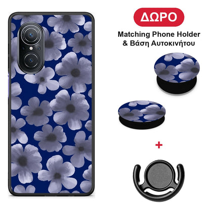 Pale Blue Flowers on Navy - Huawei Nova 9 SE θήκη + Δώρο Phone Holder & Βάση Αυτοκινήτου