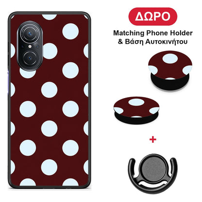 Pale Blue Large Polka Dots on Burgundy - Huawei Nova 9 SE θήκη + Δώρο Phone Holder & Βάση Αυτοκινήτου