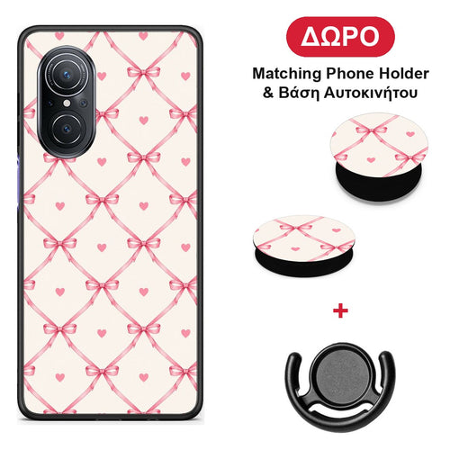 Pink Bow Lattice and Hearts on Cream - Huawei Nova 9 SE θήκη + Δώρο Phone Holder & Βάση Αυτοκινήτου