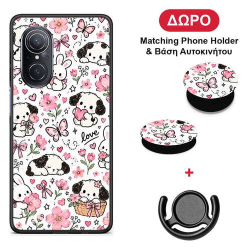 Pink Florals Puppies and Bunnies on White - Huawei Nova 9 SE θήκη + Δώρο Phone Holder & Βάση Αυτοκινήτου