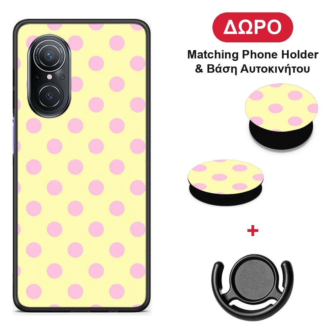 Pink Polka Dots on Yellow - Huawei Nova 9 SE θήκη + Δώρο Phone Holder & Βάση Αυτοκινήτου