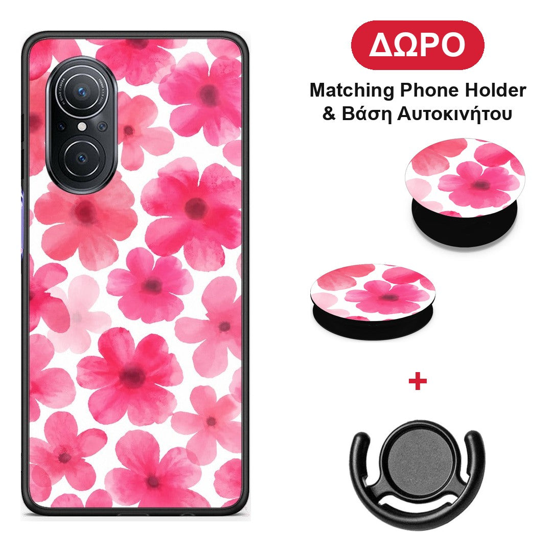 Pink Watercolour Flowers on White - Huawei Nova 9 SE θήκη + Δώρο Phone Holder & Βάση Αυτοκινήτου