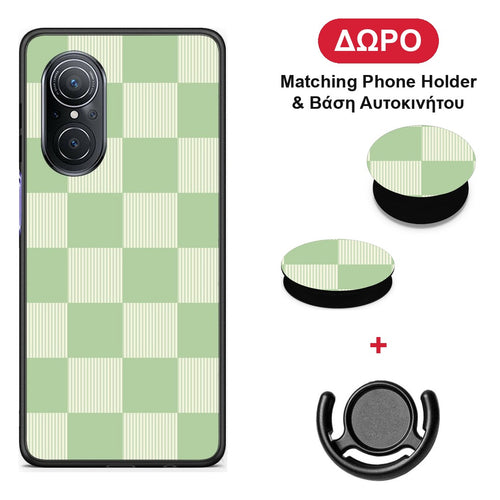 Sage and Cream Striped Checks - Huawei Nova 9 SE θήκη + Δώρο Phone Holder & Βάση Αυτοκινήτου