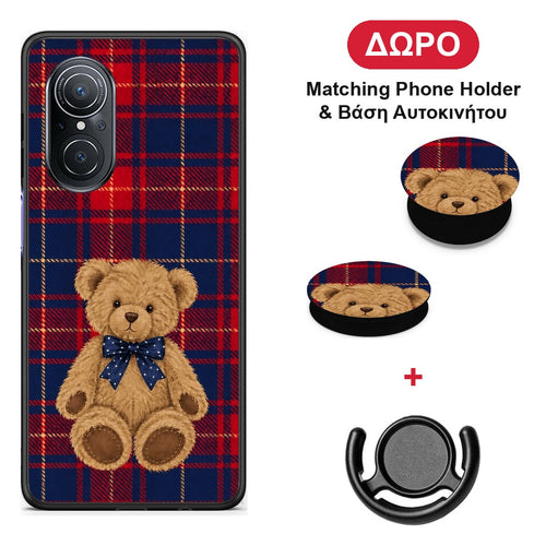 Teddy Bear on Red and Navy Tartan - Huawei Nova 9 SE θήκη + Δώρο Phone Holder & Βάση Αυτοκινήτου