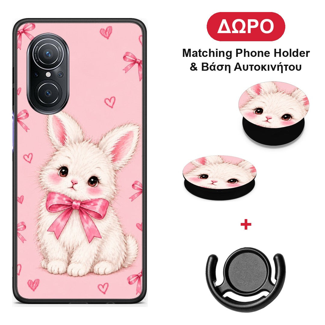 White Bunny and Pink Bows - Huawei Nova 9 SE θήκη + Δώρο Phone Holder & Βάση Αυτοκινήτου