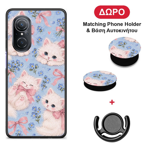 White Kittens and Blue Flowers Large - Huawei Nova 9 SE θήκη + Δώρο Phone Holder & Βάση Αυτοκινήτου