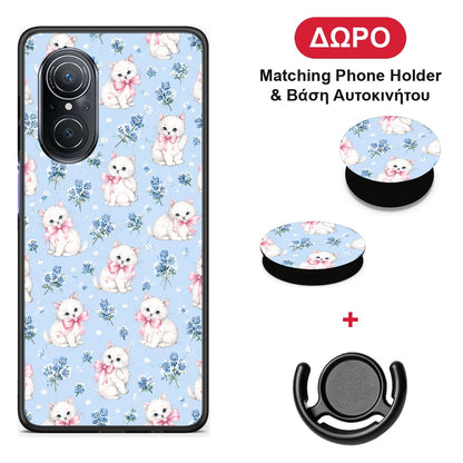 White Kittens and Blue Flowers Small - Huawei Nova 9 SE θήκη + Δώρο Phone Holder & Βάση Αυτοκινήτου