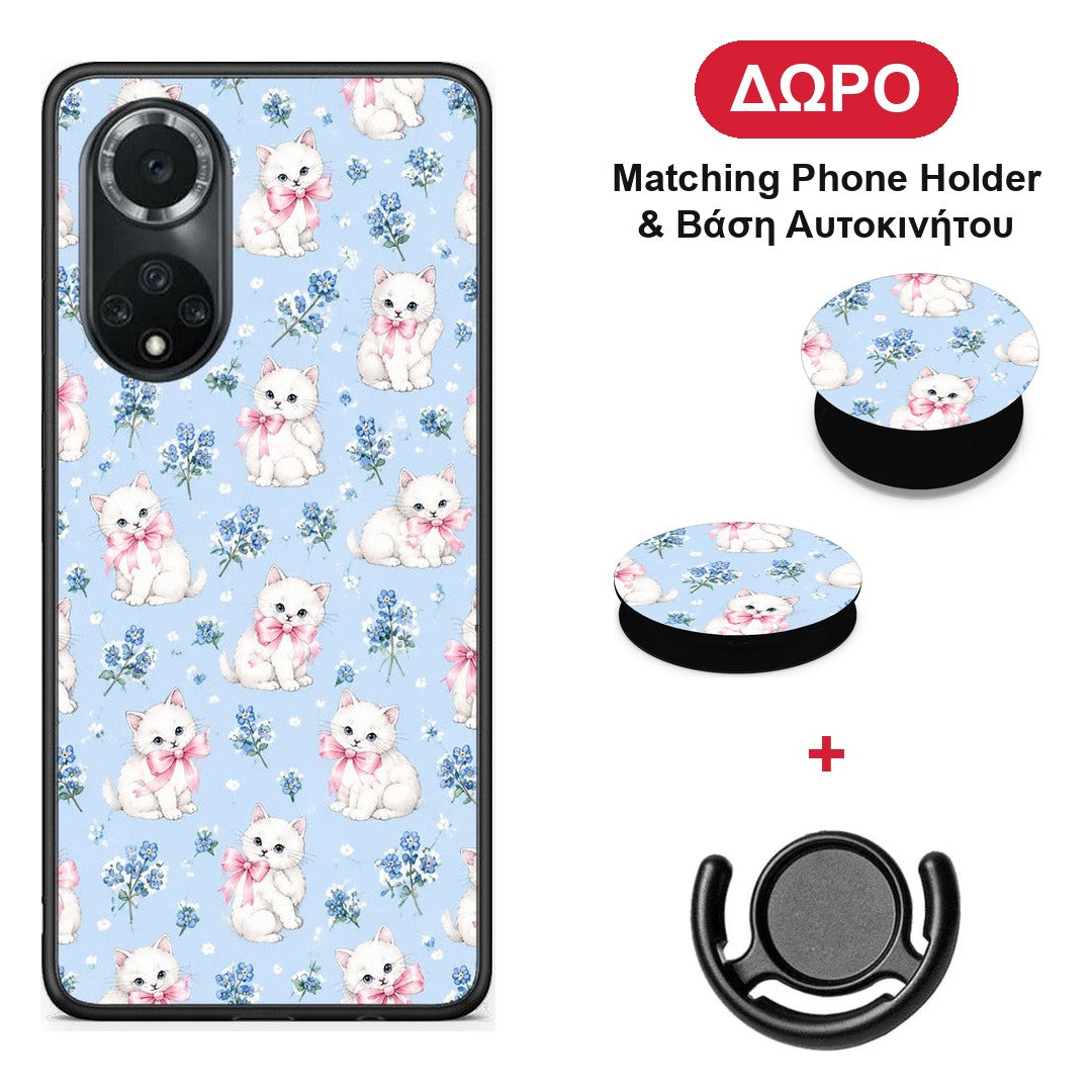White Kittens and Blue Flowers Small - Huawei Nova 9 / Honor 50 θήκη + Δώρο Phone Holder & Βάση Αυτοκινήτου