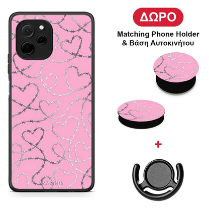 Barbed Wire Hearts on Pink - Huawei Nova Y61 θήκη + Δώρο Phone Holder & Βάση Αυτοκινήτου