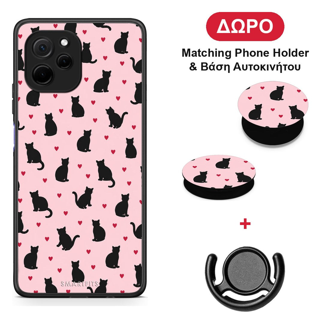 Black Cat Silhouettes and Hearts on Pink - Huawei Nova Y61 θήκη + Δώρο Phone Holder & Βάση Αυτοκινήτου