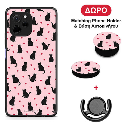 Black Cat Silhouettes and Hearts on Pink - Huawei Nova Y61 θήκη + Δώρο Phone Holder & Βάση Αυτοκινήτου