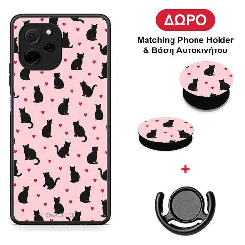Black Cat Silhouettes and Hearts on Pink - Huawei Nova Y61 θήκη + Δώρο Phone Holder & Βάση Αυτοκινήτου