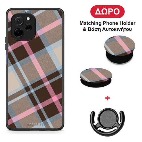 Brown Pink and Blue Diagonal Plaid - Huawei Nova Y61 θήκη + Δώρο Phone Holder & Βάση Αυτοκινήτου