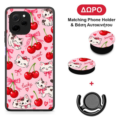 Cherries Bows and Kittens on Pink - Huawei Nova Y61 θήκη + Δώρο Phone Holder & Βάση Αυτοκινήτου