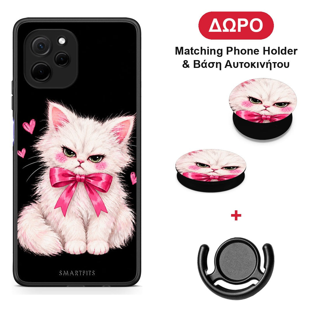 Grumpy Party Kitten on Black - Huawei Nova Y61 θήκη + Δώρο Phone Holder & Βάση Αυτοκινήτου