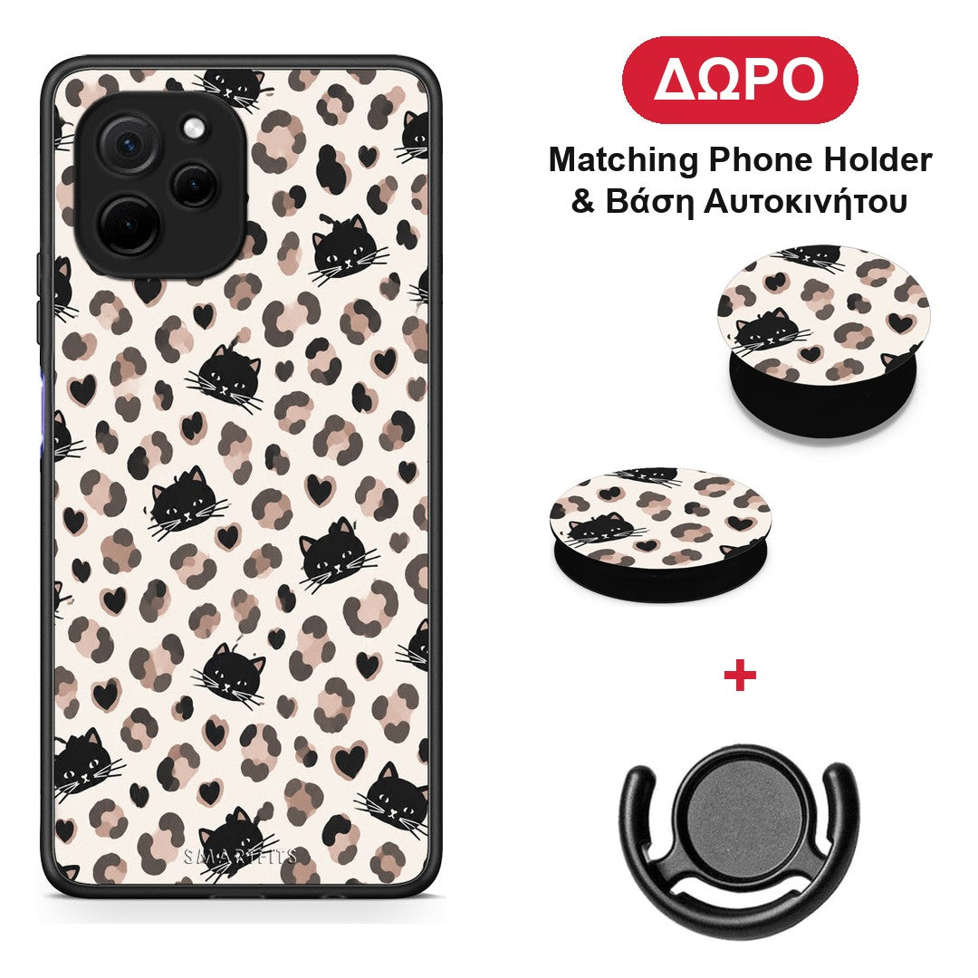 Leopard Spots and Black Cats on Cream - Huawei Nova Y61 θήκη + Δώρο Phone Holder & Βάση Αυτοκινήτου