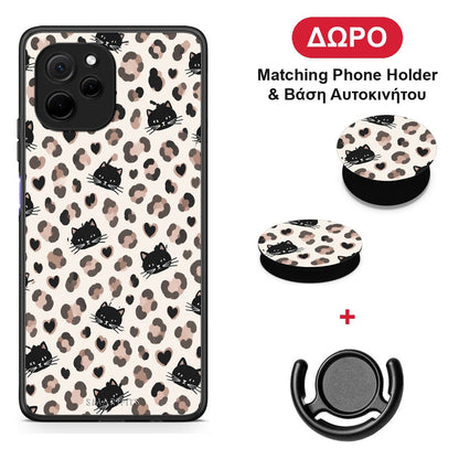 Leopard Spots and Black Cats on Cream - Huawei Nova Y61 θήκη + Δώρο Phone Holder & Βάση Αυτοκινήτου