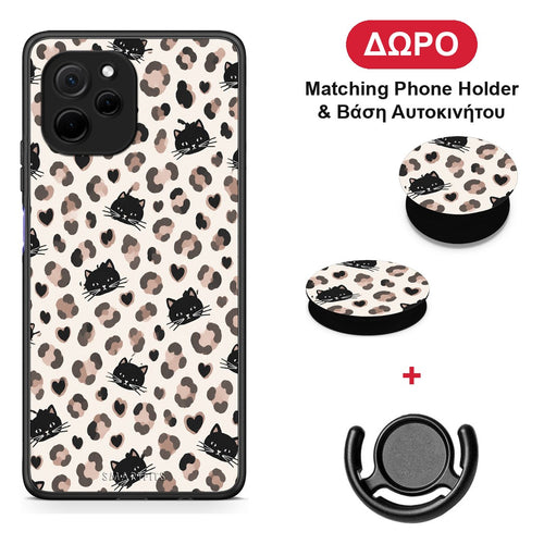 Leopard Spots and Black Cats on Cream - Huawei Nova Y61 θήκη + Δώρο Phone Holder & Βάση Αυτοκινήτου