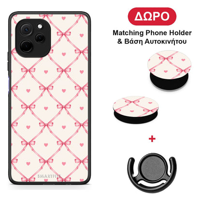 Pink Bow Lattice and Hearts on Cream - Huawei Nova Y61 θήκη + Δώρο Phone Holder & Βάση Αυτοκινήτου