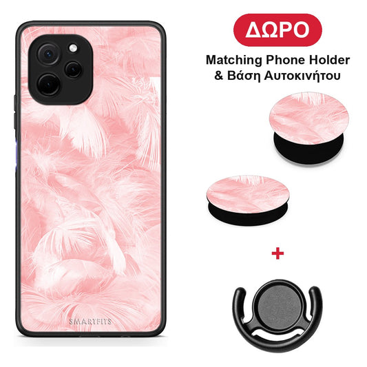 Boho Pink Feather - Huawei Nova Y61 θήκη + Δώρο Phone Holder & Βάση Αυτοκινήτου