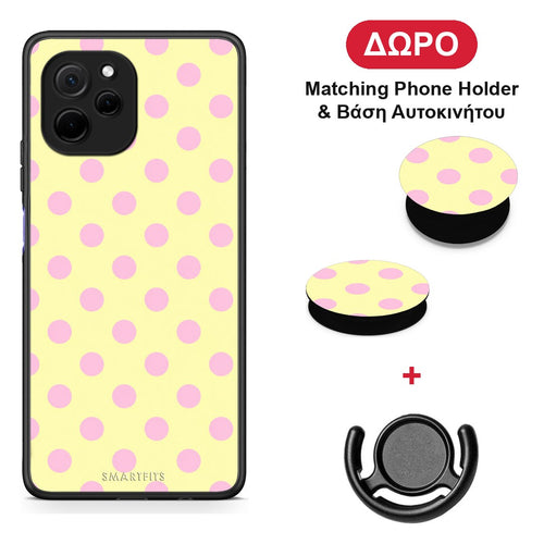 Pink Polka Dots on Yellow - Huawei Nova Y61 θήκη + Δώρο Phone Holder & Βάση Αυτοκινήτου