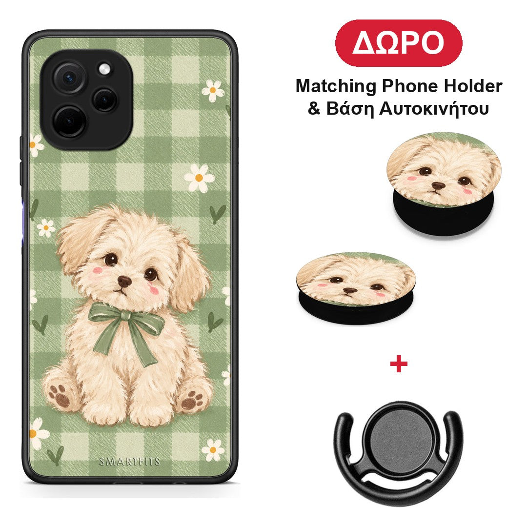Puppy and Daisies on Sage Gingham - Huawei Nova Y61 θήκη + Δώρο Phone Holder & Βάση Αυτοκινήτου