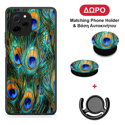 Real Peacock Feathers - Huawei Nova Y61 θήκη + Δώρο Phone Holder & Βάση Αυτοκινήτου