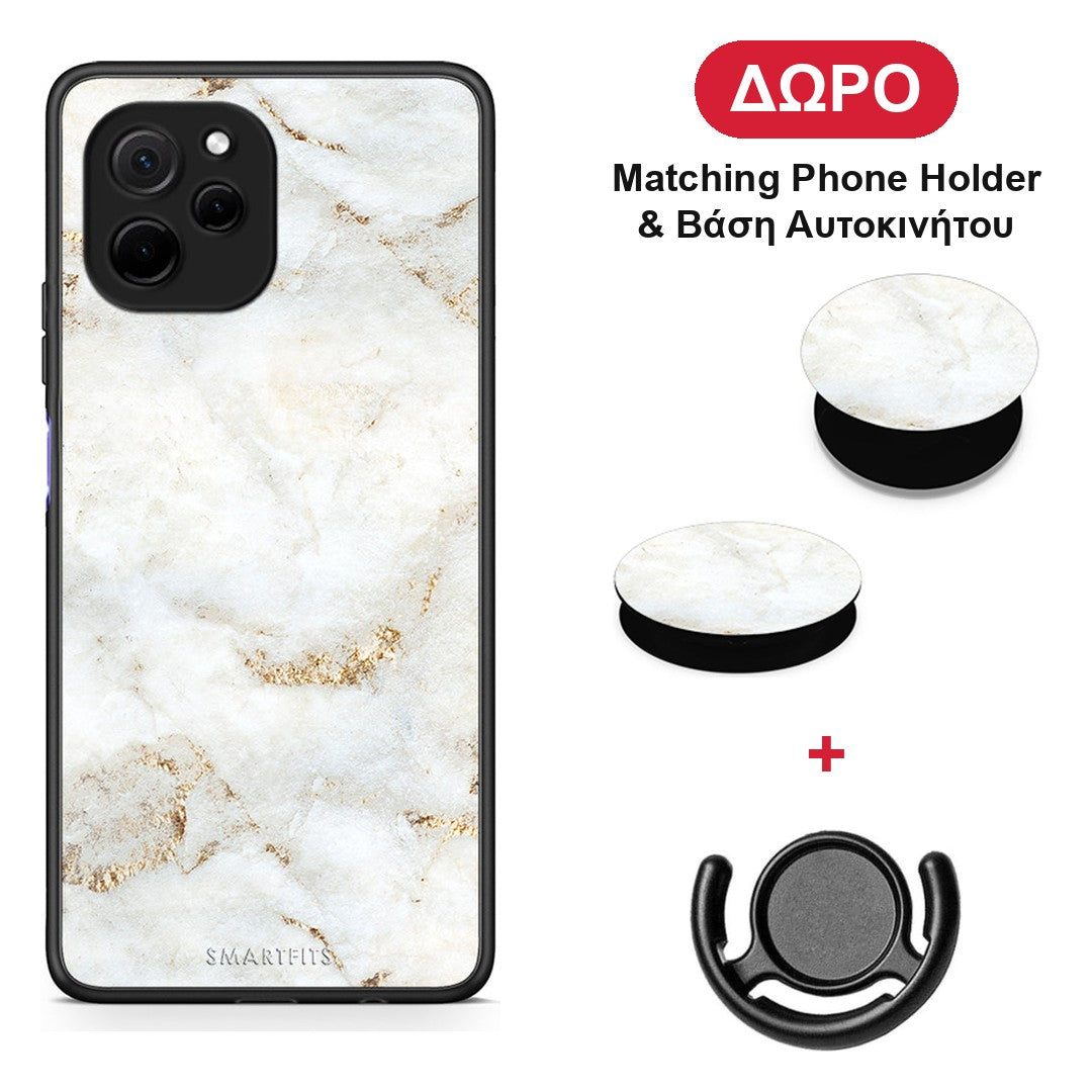 White Gold Marble - Huawei Nova Y61 θήκη + Δώρο Phone Holder & Βάση Αυτοκινήτου