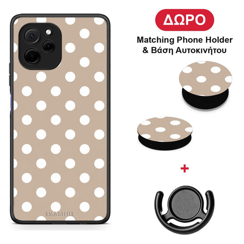 White Polka Dots on Taupe - Huawei Nova Y61 θήκη + Δώρο Phone Holder & Βάση Αυτοκινήτου