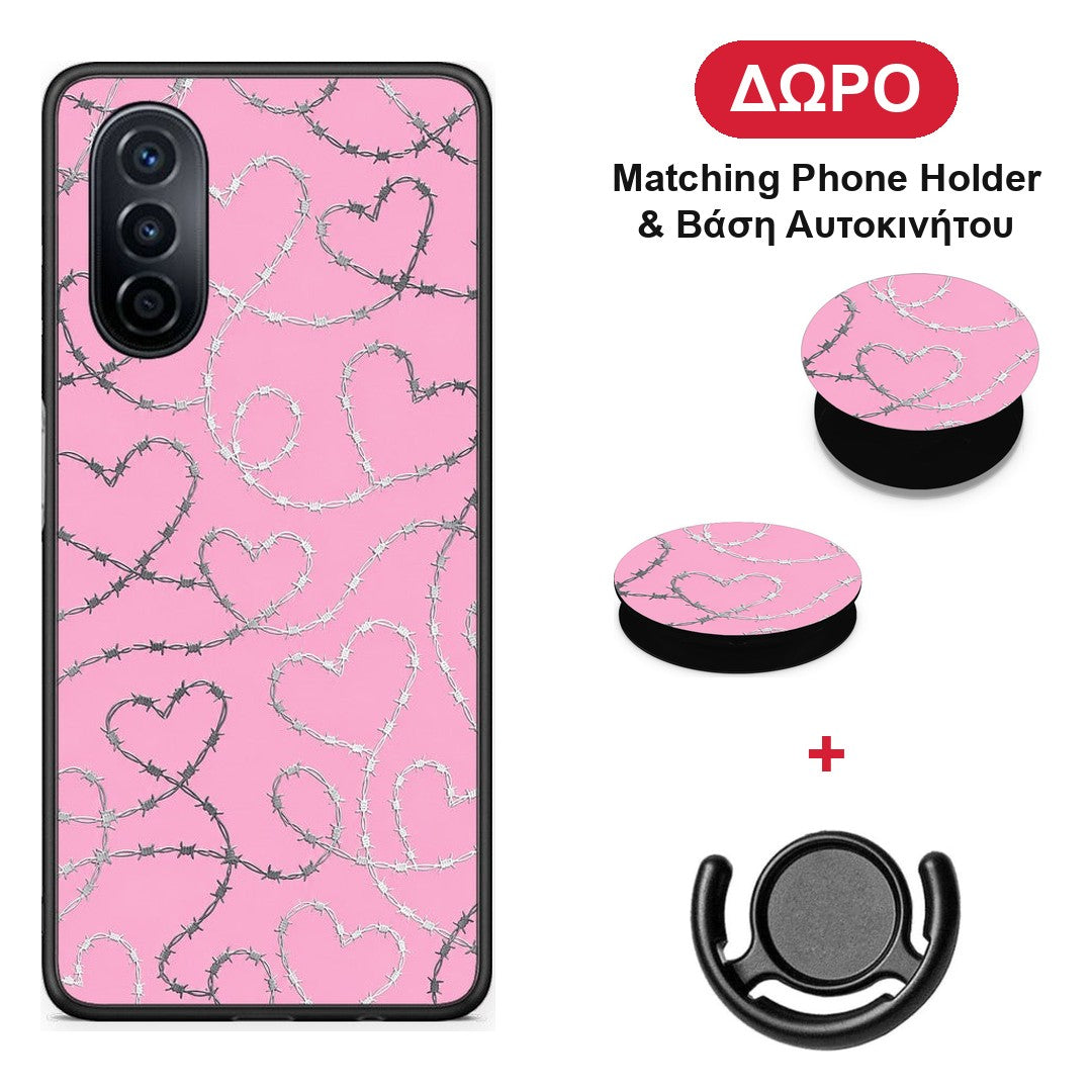Barbed Wire Hearts on Pink - Huawei Nova Y70 / Y70 Plus θήκη + Δώρο Phone Holder & Βάση Αυτοκινήτου
